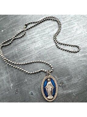 Miraculous Medal Dog Tag Necklace Blue Silver Long Men’s Pendant Chain Necklace